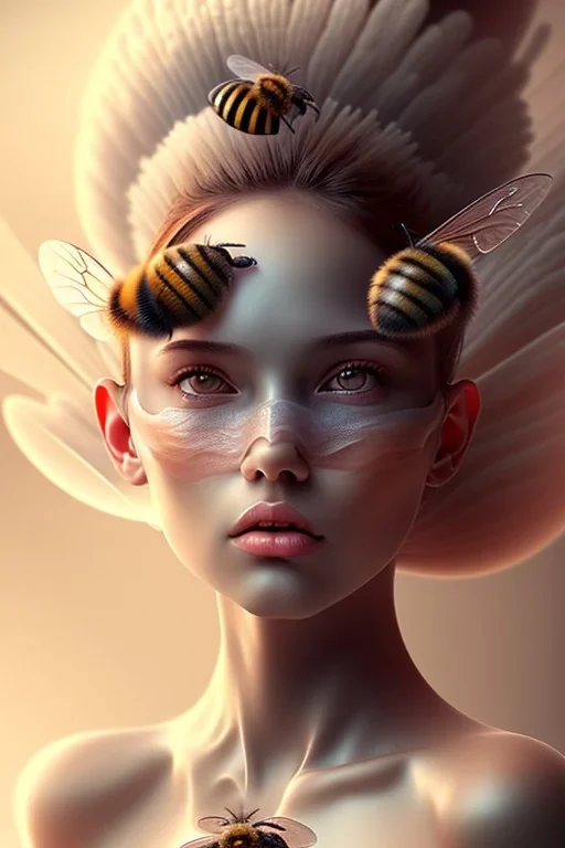 Bee girl,beauty,super detailed,photography,hiper realístic,ultra-defined, detailed,highly-detailed, beautiful detail,vivid,atmospheric, realistic,cinematic photorealistic