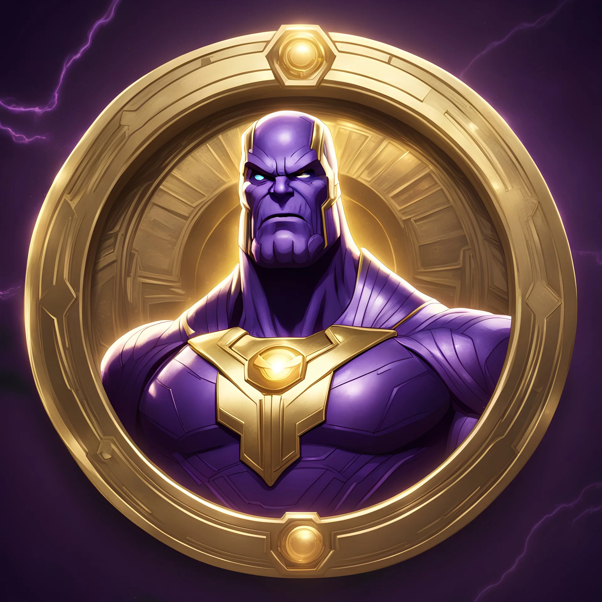 thanos logo animated inside a golden medalion