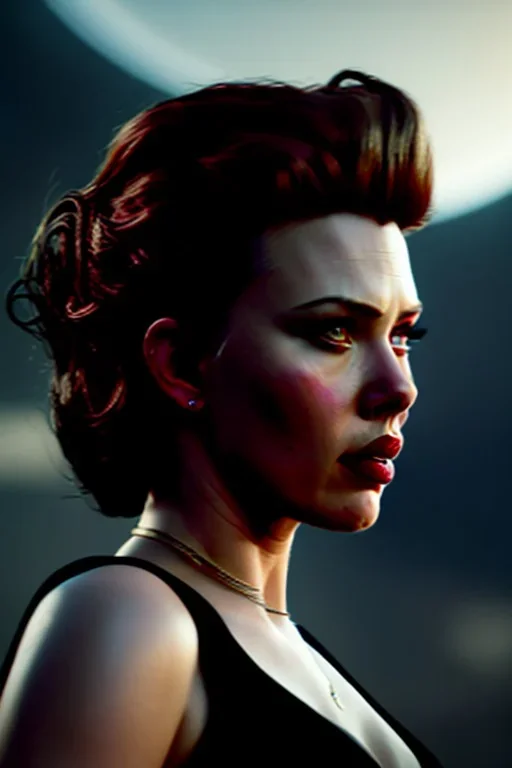 Scarlett Johansen as evil queen in black leather gown, cleavage, angry, stern look, unreal 5, octane render,cinema4d, dynamic lighting, dramatic lighting, 4k, redshift render, highly detailed, hyper realistic