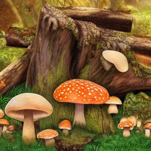 Mushroom city,fallen log, plentiful mushrooms,fantasy