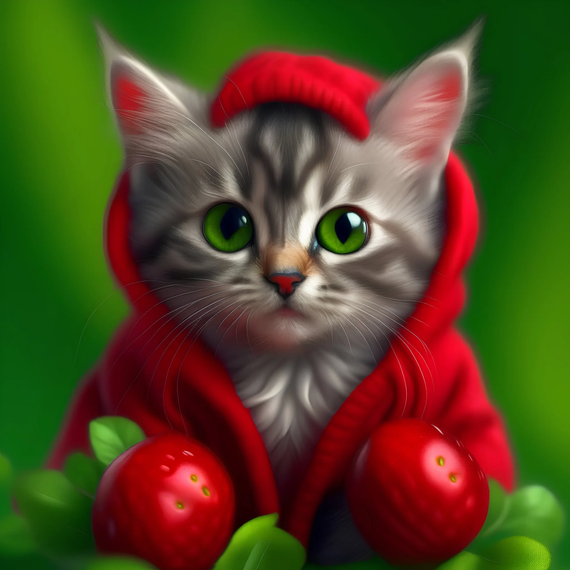 Realistic tiny fluffy kitten cub, holding strawberries , big huge eyes , photorealism, cyberrealism, knitted multi-colored hoodie , sitting in the bushes with raspberries, hyperrealism, realistic, professional photo, aesthetically pleasing, Cute, cute , on a raspberry background