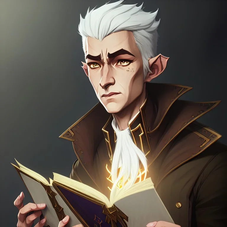 elf with gray hair in beige coat and white shirt reading a tome, studio lighting, nature background, intricately detailed, smooth glowing feathers, trending on artstation