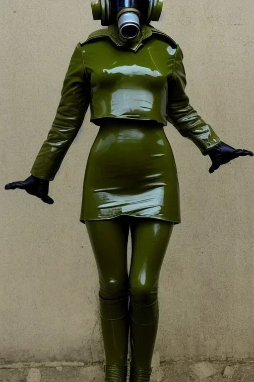 Russian military girls.Tendril-gas-mask-Synthesizer-proboscis. Army green surfaces body, latex. skin is white hard plastic material. Cyber-punk Metallic headphones and speakers, Old-fashioned cameras integrated to heads. LED-eyes Perfect body, thick thighs and calves. simple face. Wide hip, red fabric skirt bleats nicely. Partly symmetrical. Golden ratio. Space-corrosion, rusty and decayed background. Steam-plunge air-bottles. Euclidean 3D-tiling walls. 5th dimension. Oppressive atmosphere