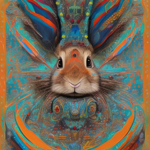 girl rabbit with blue aye, aboriginal, dot painting, indiginous, dot, mud, dream-time, abstract, dots, natural pigment, extremely sharp detail, finely tuned detail, ultra high definition, 8 k, unreal engine 5, ultra sharp focus, art germ and Paul Lewin and Kehinde Wiley