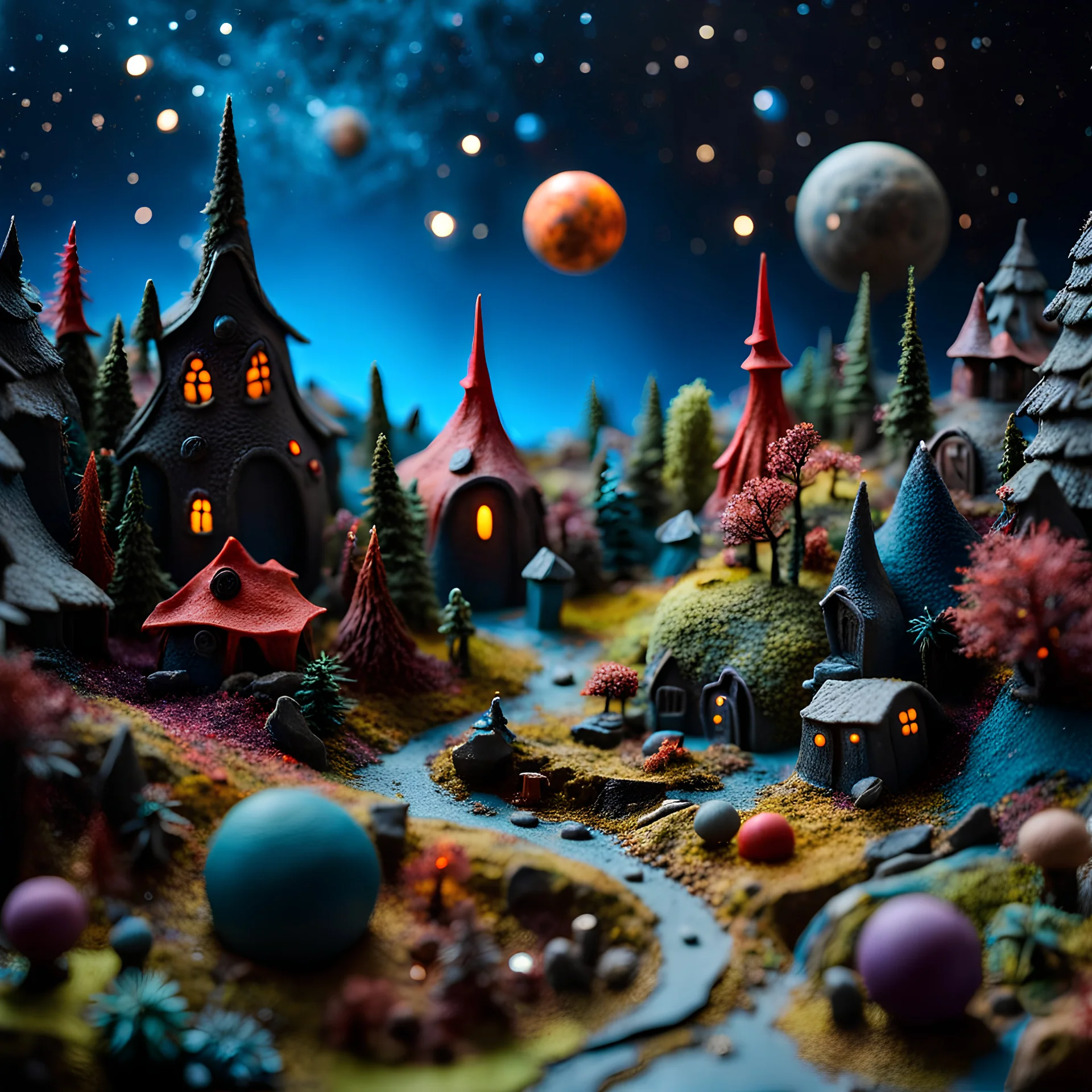 Detailed creepy landscape made of modeling clay, village, stars and planets, Roger Dean, naïve, Tim Burton, strong texture, Ernst Haekel, extreme detail, Max Ernst, decal, rich moody colors, sparkles, Yves Tanguy, bokeh, odd