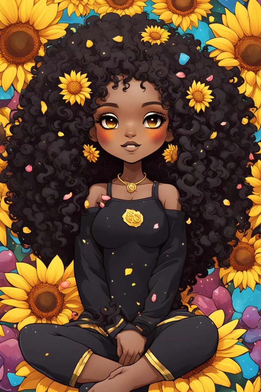 A sassy thick-lined comic book art cartoon black chibi girl lounging lazily on her side, surrounded by colorful flower petals. She is in the middle of the astrological Leo symbol with Prominent makeup. Highly detailed tightly curly black afro. Background of large yellow sunflowers surrounding her . Looking up coyly, she grins widely, showing sharp lion teeth. Her poofy hair forms a mane framing her confident, regal expression.