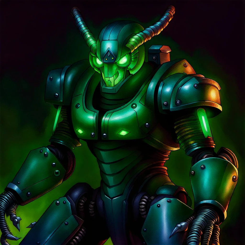 90's fantasy tcg art of a large cyber robot cobra with glowing green eyes