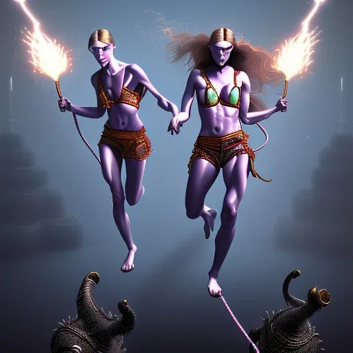 Two women skipping with a rope, demons and angry gods fight in the background, in the style of a Michael Moorcock book cover.