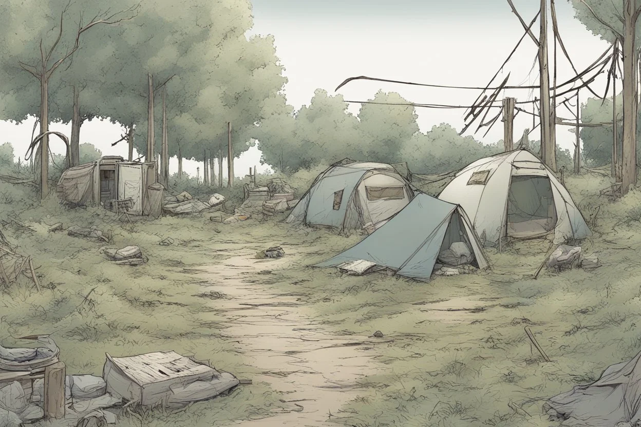 campsite, overgrown, post-apocalyptic, comic book,