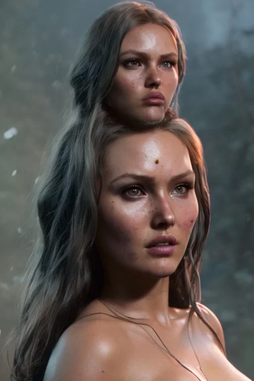 Camilla luddington face, big busty hitomi tanaka, texture skin,Crystal yellow eyes, long white hair, wearing The Lara Croft, realistic, 4k, intricate, best quality, fog particles, fire particles, octane render, vray, sword fire