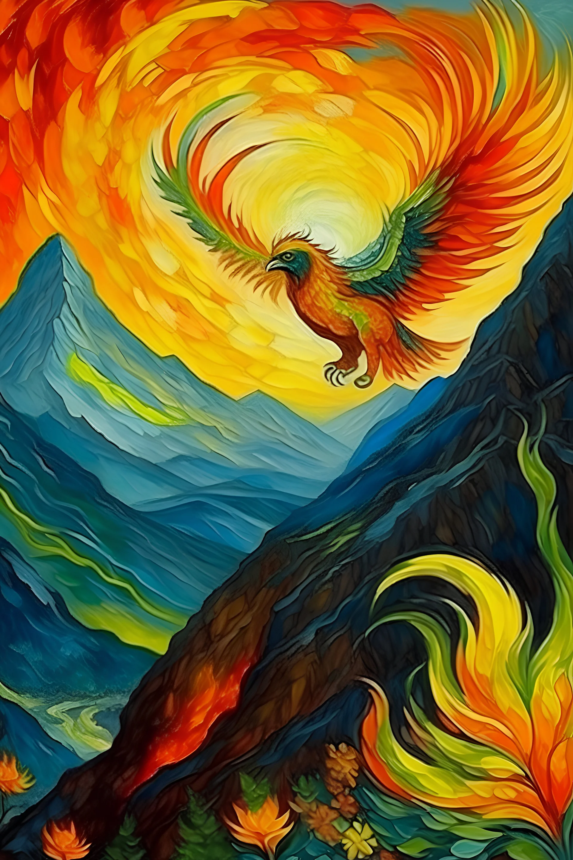 fire bird flying over mountain by van Gogh