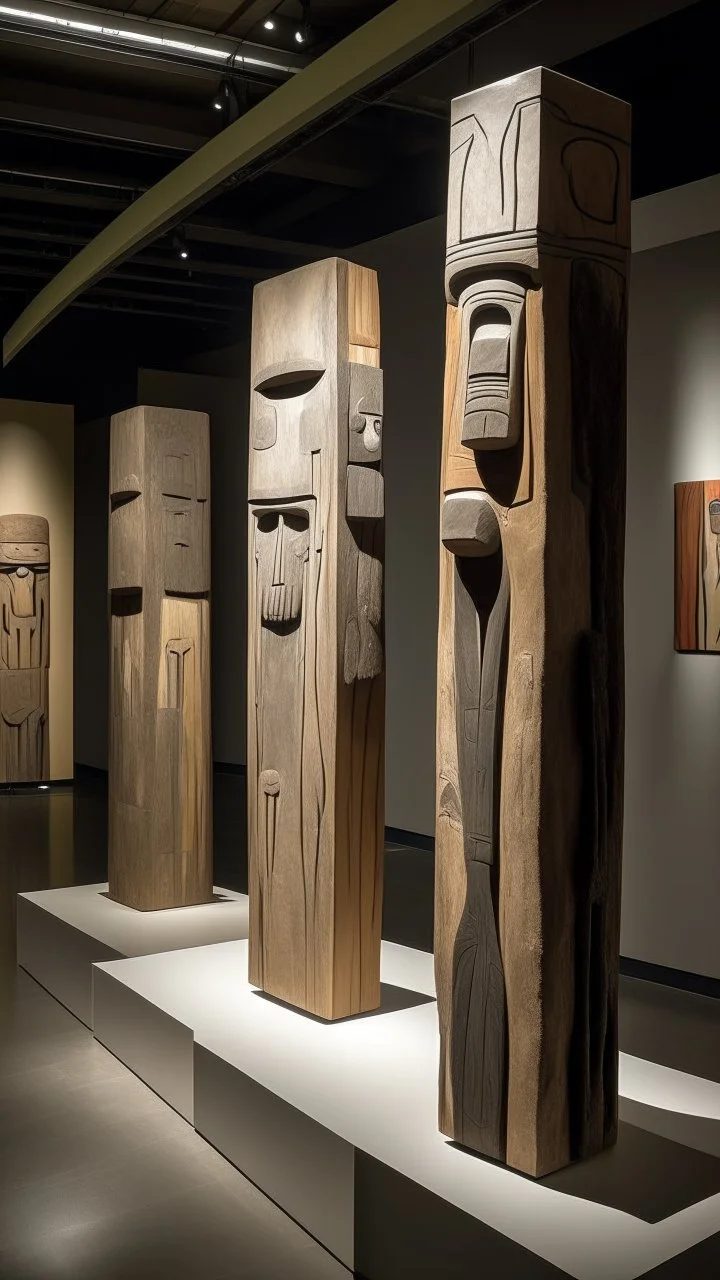 A grayish brown badlands with runestones designed in pacific Northwest totem poles painted by Clyfford Still