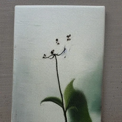 tiny oil painting of single long stem pressed flower, white canvas, ghostly, melancholy, tender, moody, vintage, delicate arrangement, beautiful composition, etsy, aesthetic layout, plain solid white background