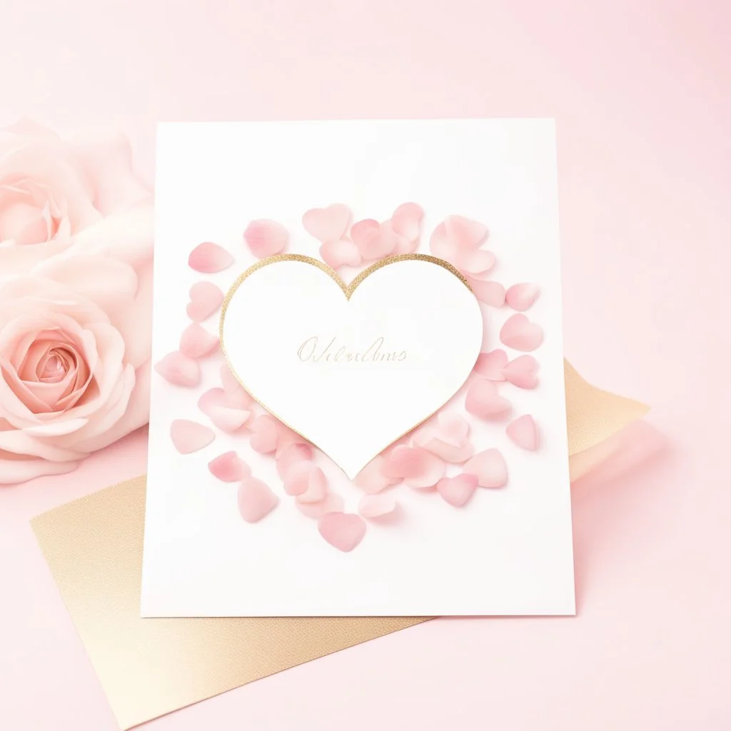 A photo of a white card, 5.5 by 4.25 inches. The card is vertically positioned on a beautiful light pink surface, positioned between pink rose petals and litte golden hearts.