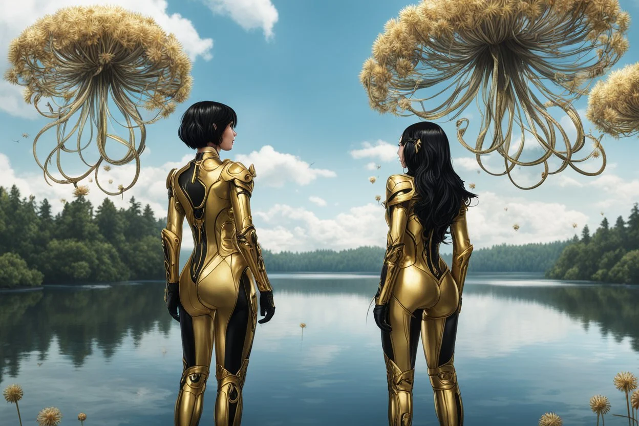 A skinny woman with black hair, in a gold and black android suit, standing, looking out over a lake, with flying dandelion heads with octopus tentacles, with tall narrow cloud trees in the distance