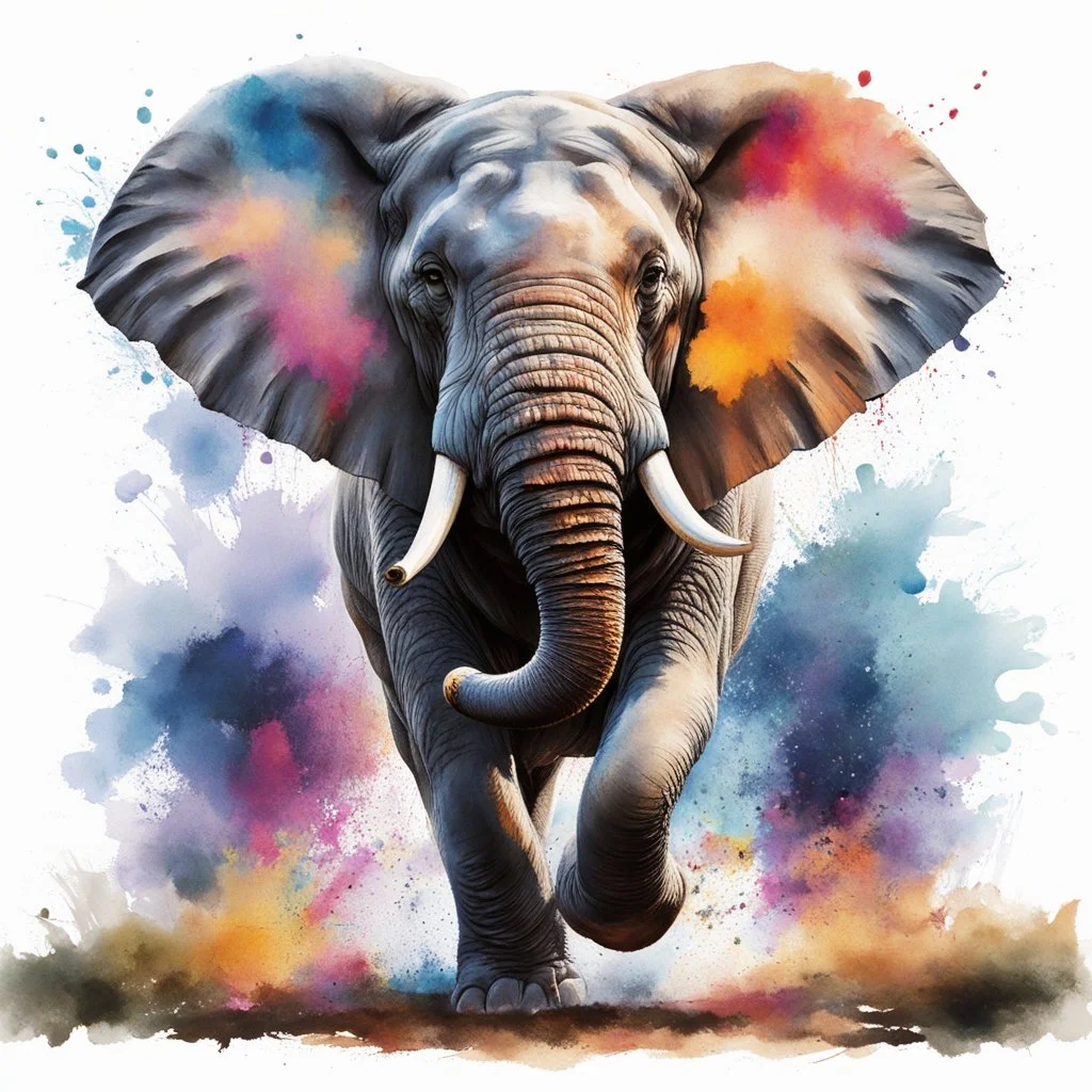 A wild <elefant> in full roar, charging forward with a fierce expression. The image is captured in a dynamic watercolor style, showcasing vibrant colors and fluid brushstrokes. Splashes and splatters around the <animal> suggest its swift movement and wild energy. The body is particularly detailed with bright colors to emphasize its impressive size and the <elefant>'s regal presence.