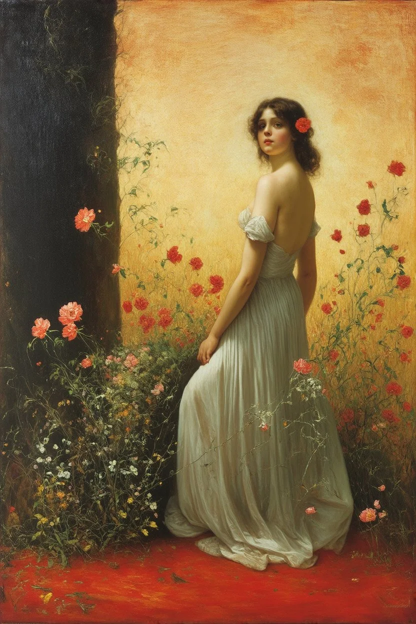 One woman, flowers, vegetations, gothic horror films influence, creepy, depressive, gloomy, witch influence, arnold bocklin, and henry fuseli paintings