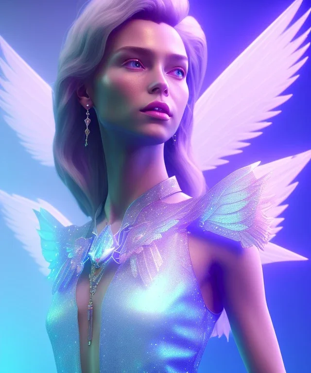 A crystalised queen, atmospheric, realistic, unreal engine, cinematic lighting, octane render. blue, pink, transparency, light, shine,bright, full body, transparent wings, blonde, long hair, nice smile