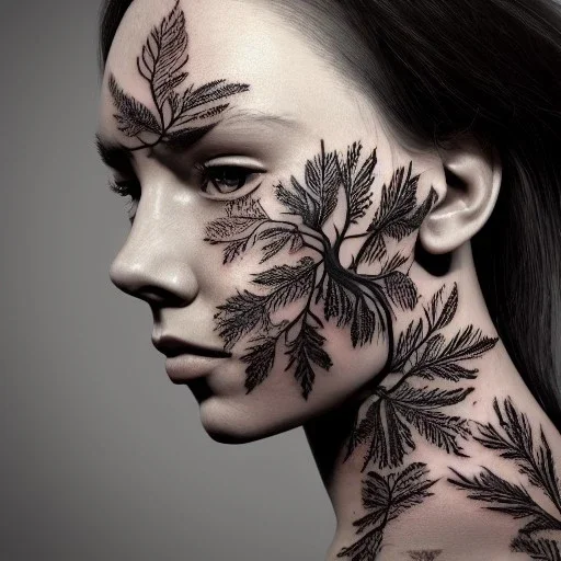 full face tattoo of branches and leaves that extend past face and become real, 8k resolution, high-quality, fine-detail, intricate, digital art, detailed matte, volumetric lighting, illustration, octane render,