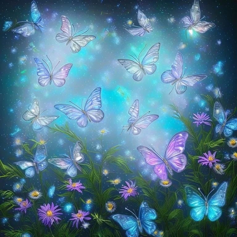 garden with subtle cristal transparent bright glitter blue butterfly, light, galactic, subtle flowers