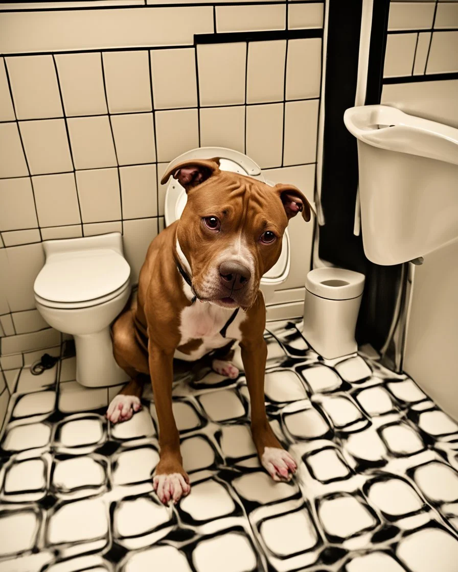 Unusual photo of a pit bull terrier sitting on a toilet, imitating a human. The dog is wearing a comical pair of shoes. Rts that have been lowered just above their front legs. He is facing the viewer, engrossed in reading something on his cell phone. The bathroom is clean and modern, with a small, colorful rug on the floor. The general atmosphere of the photo is happy and fun