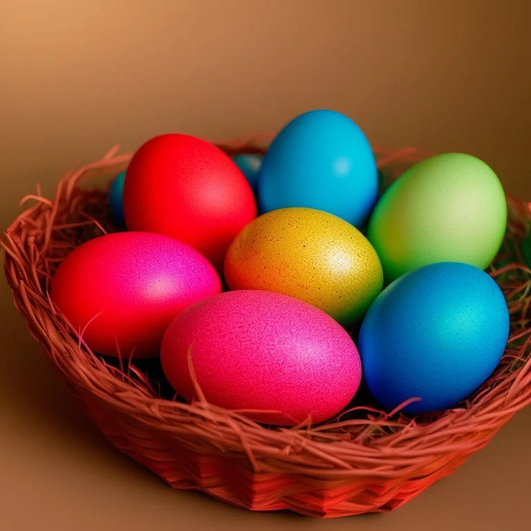 digital photograph of off-center modern basket colorful Easter eggs. eggs display intricate textures in azure, emerald, blush,red, crimson,gold, sapphire,metallic cinematic HDR backlighting highlights subtle dimples and glossy reflections, with shallow depth of field softening the sunlit background. hyperrealistic 8k resolution,