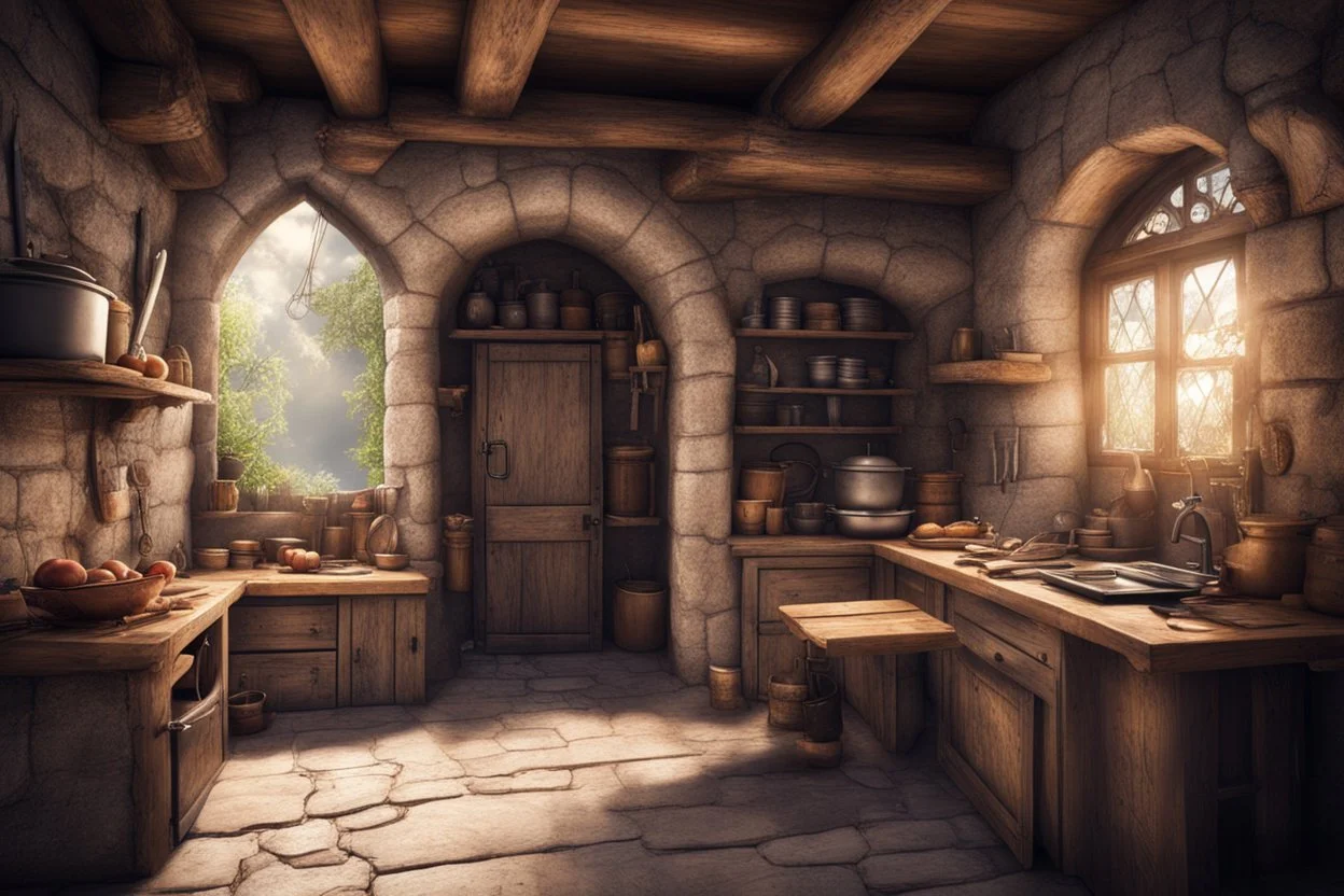 fantasy medieval kitchen with an open door