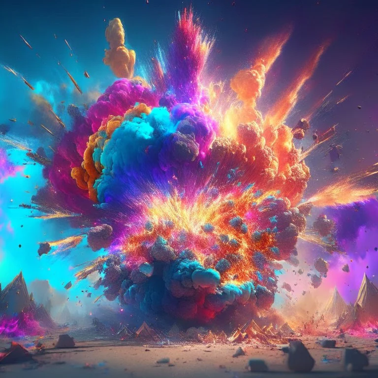 multiple colorful magical explosions destroy a kingdom, 8k resolution, photorealistic, ultra detailed