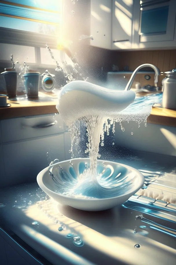 in focus, a jet of water flows into a spoon and splashes everywhere in a sink tray with plates of foamy water in the bottom in a modern kitchen in sunshine