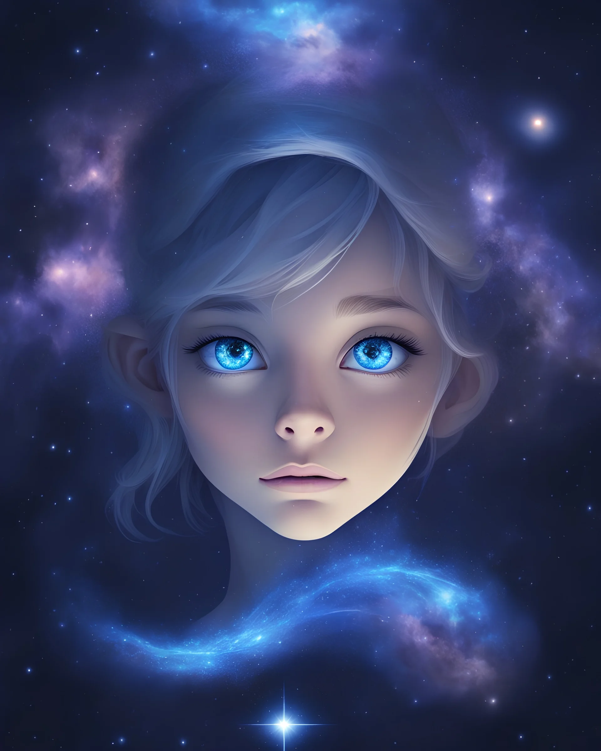 Human galaxy, beautifull blue eyes, transparent profile, cosmic starry sky wallpaper, UFO