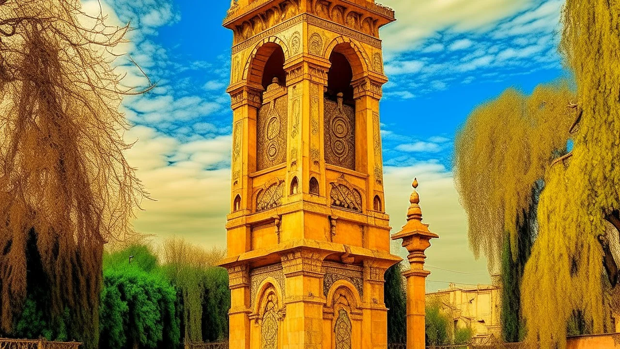 A yellowish orange colored mythical bell tower designed in ancient Egyptian architectures and sculptures painted by Vincent van Gogh