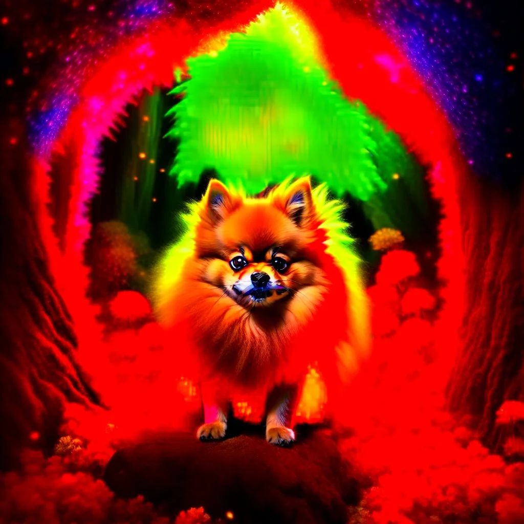 paint splatter, photorealism, a pomeranian hippie king hovering in the underground grove glowing light, in the style of escher, 8k, down-light, soft light, depth of field, photo realism, trending on art station, high detail, smoke and fog