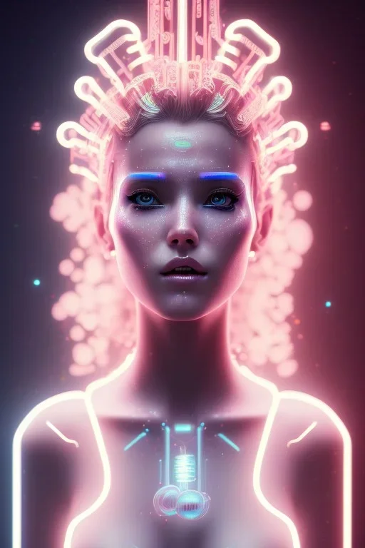 cyberpunk, head, women, portrai, tron sketch of a girl on lined paperA beautiful one nude body of a make up smiling woman blond long hair, alone, high key lighting, volumetric light high details with white stripes and blue eye, smiling with plump pink lips, flowers around, unreal engine petit prince belle fine, profil de trois quart, grand front cosmique, peau bleu cristalline, yeux bleu, perle sur le front long cheveux blond et rose etoilé, cristaux sur le corps, collier de grande princesse, l