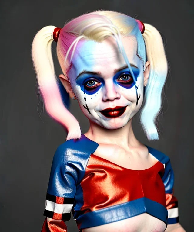 Harley quinn toddler, full body, soft skin, dramatic lighting, hyper realistic