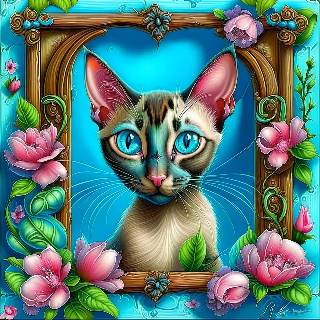 A chocolate point Oriental shorthair siamese kitten peeks out from a heart-shaped opening in a weathered turquoise door,surrounded by delicate pink flowers & green vines.The kitten's large,expressive eyes & soft fur create a charming & whimsical scene.realistic watercolor illustration vampiress, gothic attire, moonlit, alluring grin