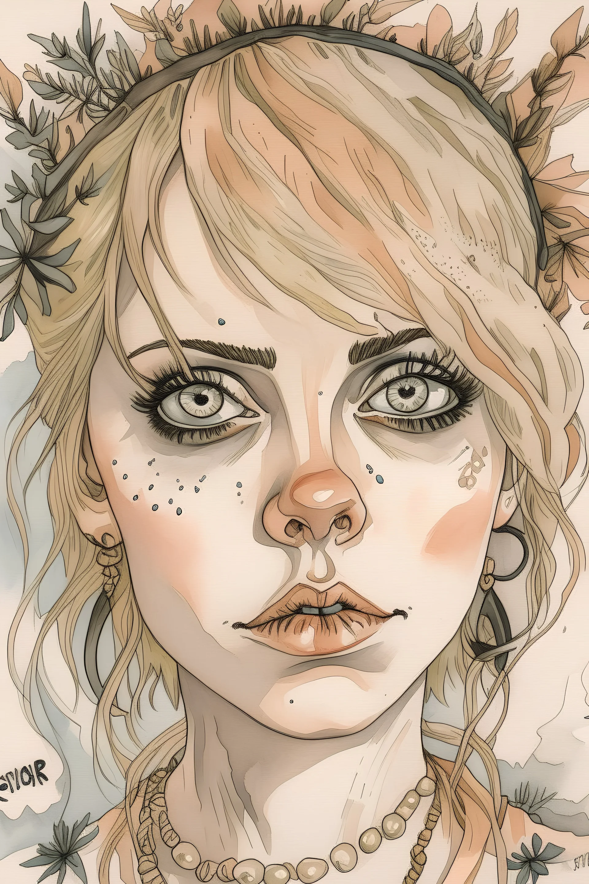 Singer Danish MØ face,illustration in the style of <arthur rackham>