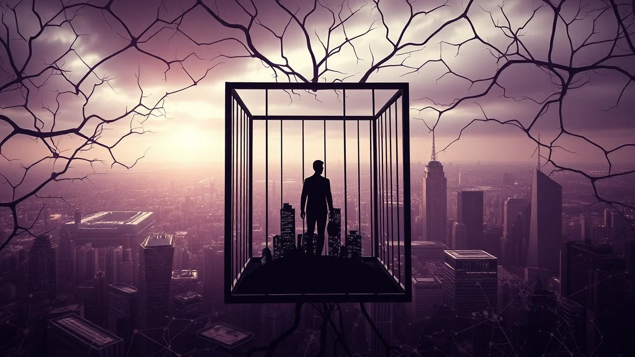 inner in an cube like cage stands a nonbynari human figure and gaze city, , in outside around in the distance big landscape with big city and many fade human figures in the city, dark purple, gray, black, white, brown. Whimsical style neuron network background, surreal stunning vibe