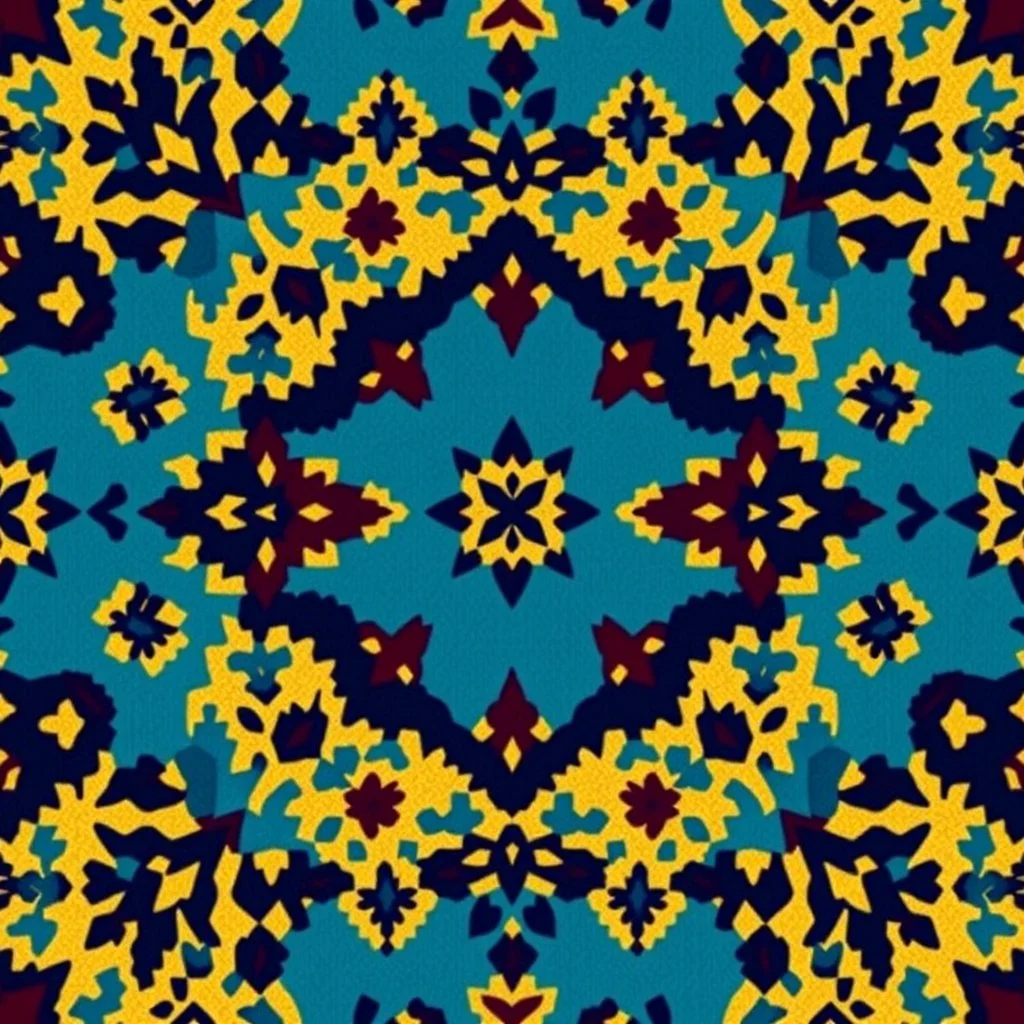 Front Symmetrical View Of Ethnic Cultural Pakistani Sindhi Ajrak Pattern. Using Colors Golden, Navy-Blue, Sky-Blue, Maroon And Black.