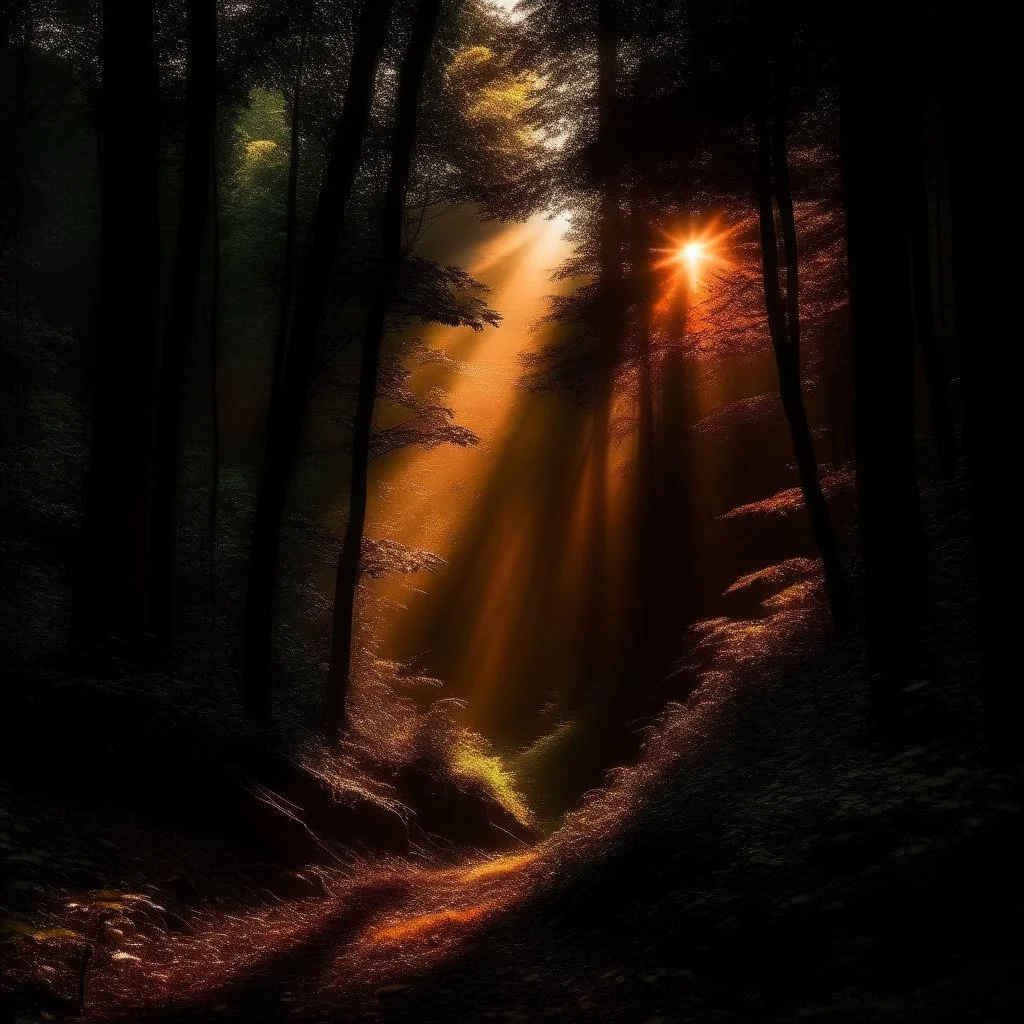 atmospheric deep orange light coming through a dark forest valley