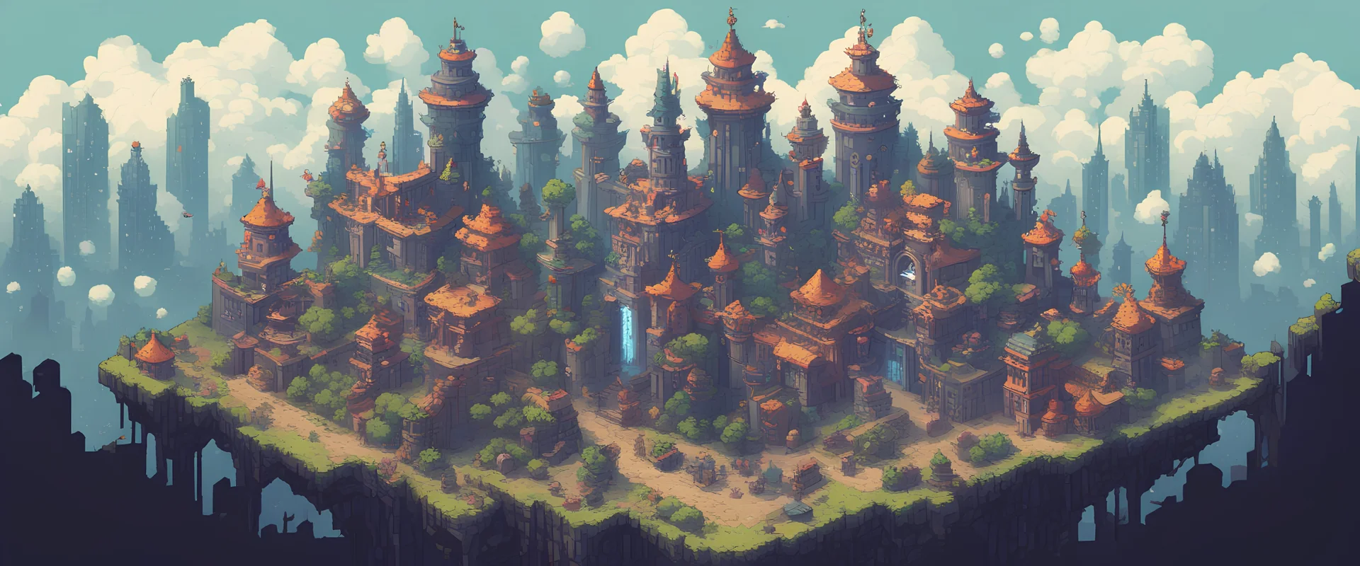 magic giant city with magic, pixel art 2d
