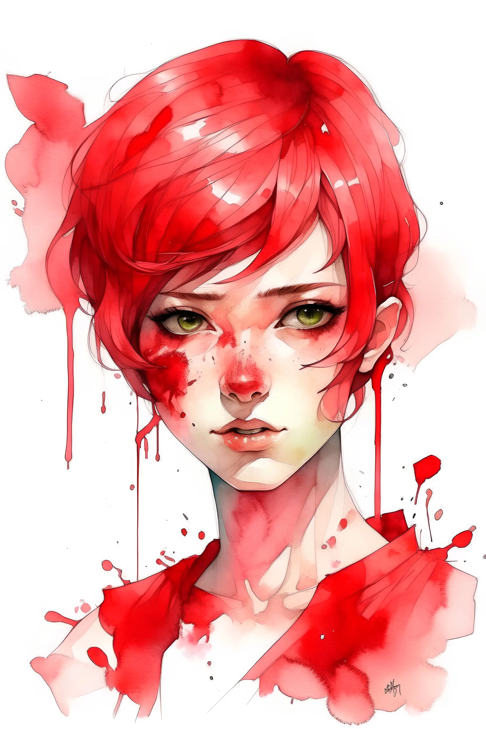 Watercolor red antagonic haircut girl