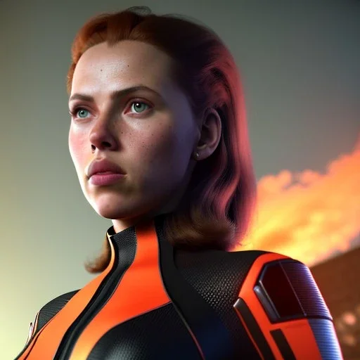 retro sci-fi portrait image from 1960, supermarket parking explosion, fire, classic black widow, young Scarlett Johansson, tight lycra suit, soft color, highly detailed, unreal engine 5, ray tracing, RTX, lumen lighting, ultra detail, volumetric lighting, 3d, finely drawn, high definition, high resolution.