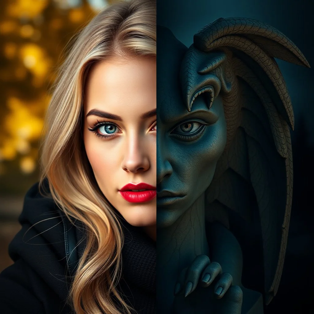a portrait of a person. One half of their face is an attractive blonde woman in the day, the other a gargoyle statue at night