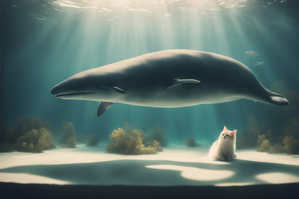 dinamycally swimming antropomorph cat whale in an aquarium in sunshine, ethereal, cinematic postprocessing