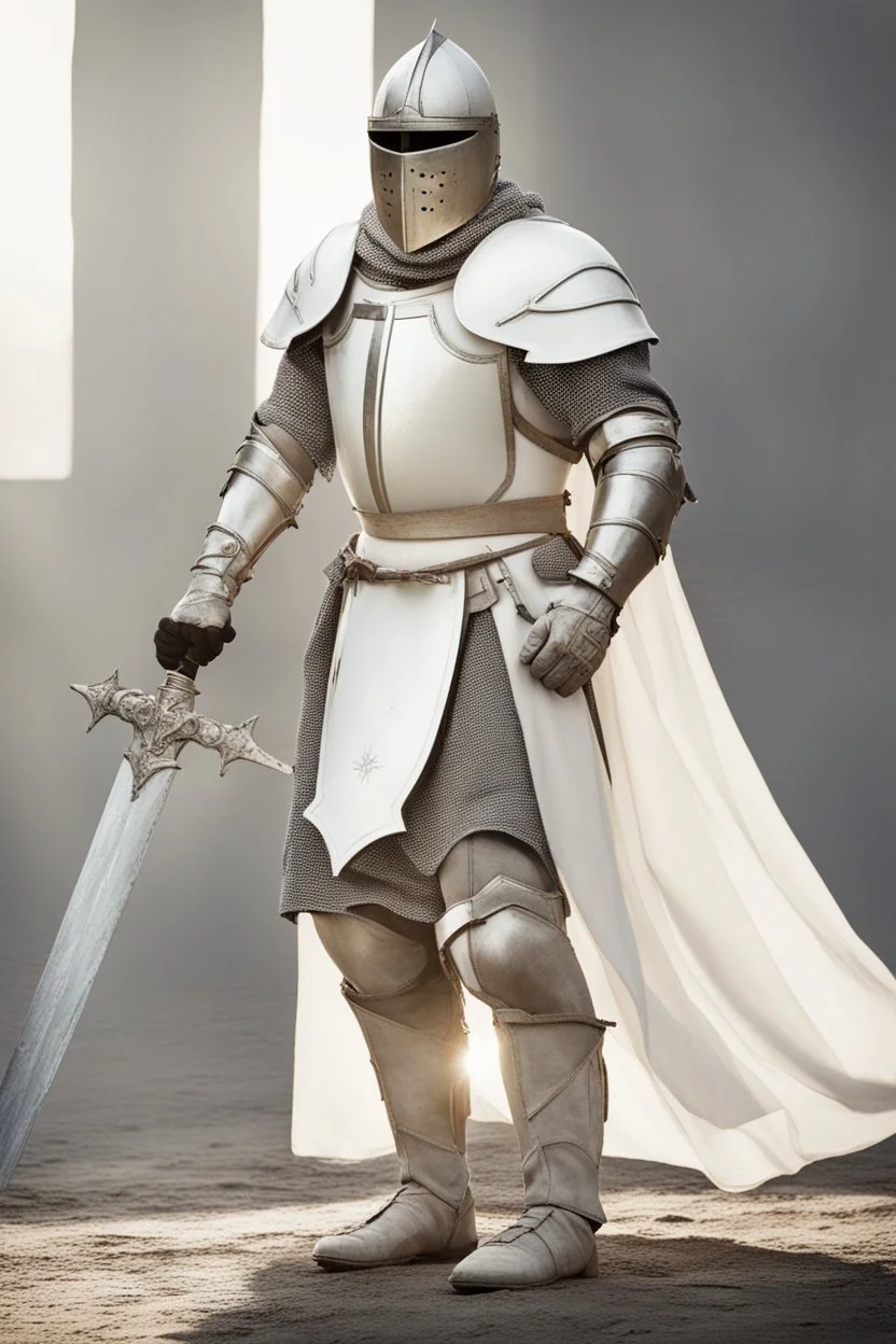 Picture of a knight wearing white armor and white cape with white helmet, holding sword and a shield