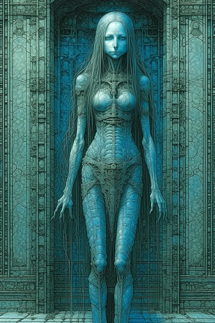 A beautiful girl with long hair , full body , front view . decayed and rotting with grotesque proportions and imagery. grotesqueries, detailed texture, surreal horror, biomechanical design, by hr giger and beksinski , on blue color