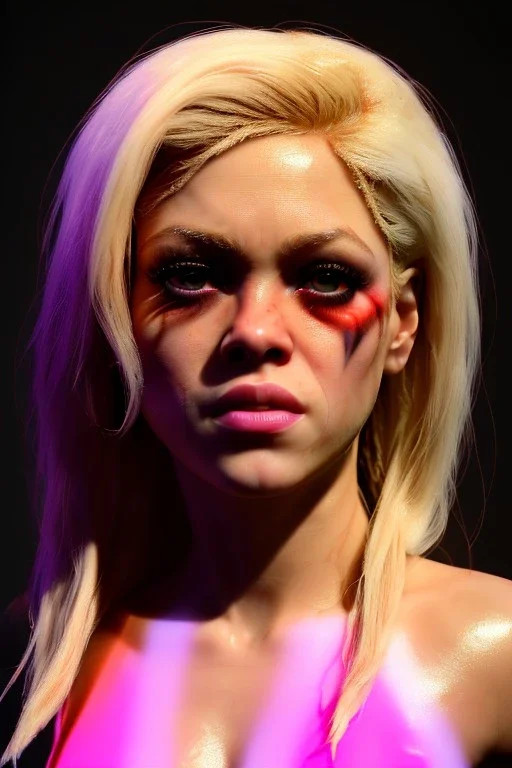 portrait, Shakira, blonde artist, angry, Realistic image, latex style dress. Skewers, loose long hair, eyes make up, perfect, glow, circle iris. Neon colors, leds, geometric shapes. Dark background, photo studio, neon lights. Mad max, concept art, smooth, unreal engine 5, god lights, ray tracing, RTX, lumen lighting, ultra detail, volumetric lighting, 3d, finely drawn, high definition, 4k.