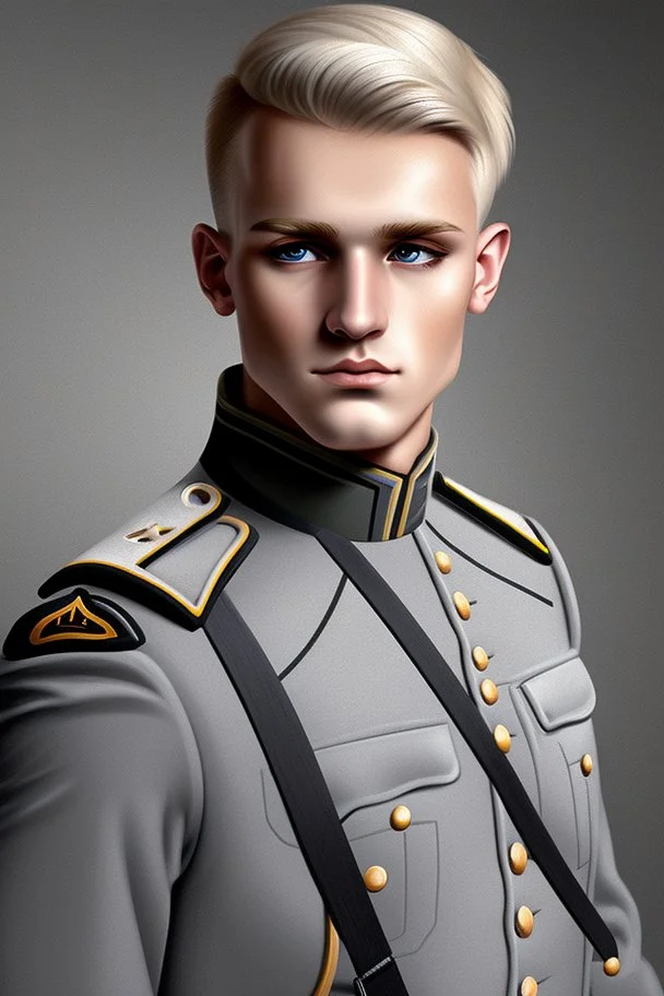 German male soldier, grey uniform, Blond hair, portrait