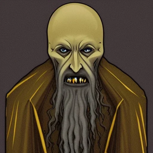 Russian Orthodox nosferatu with five yellow eyes and tentacle beard and long arms and fingers and a head horns