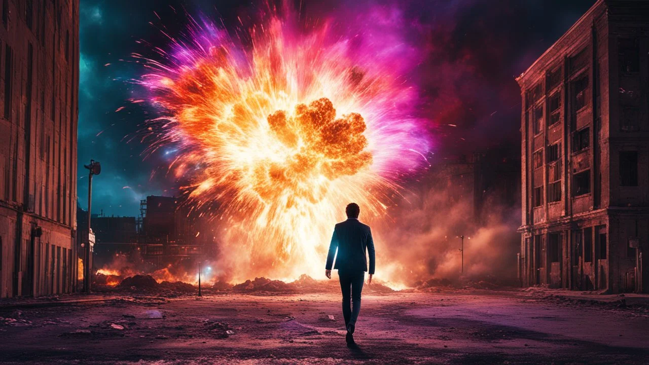 Young man walking towards a building that is exploding at night, with coloured auras around him